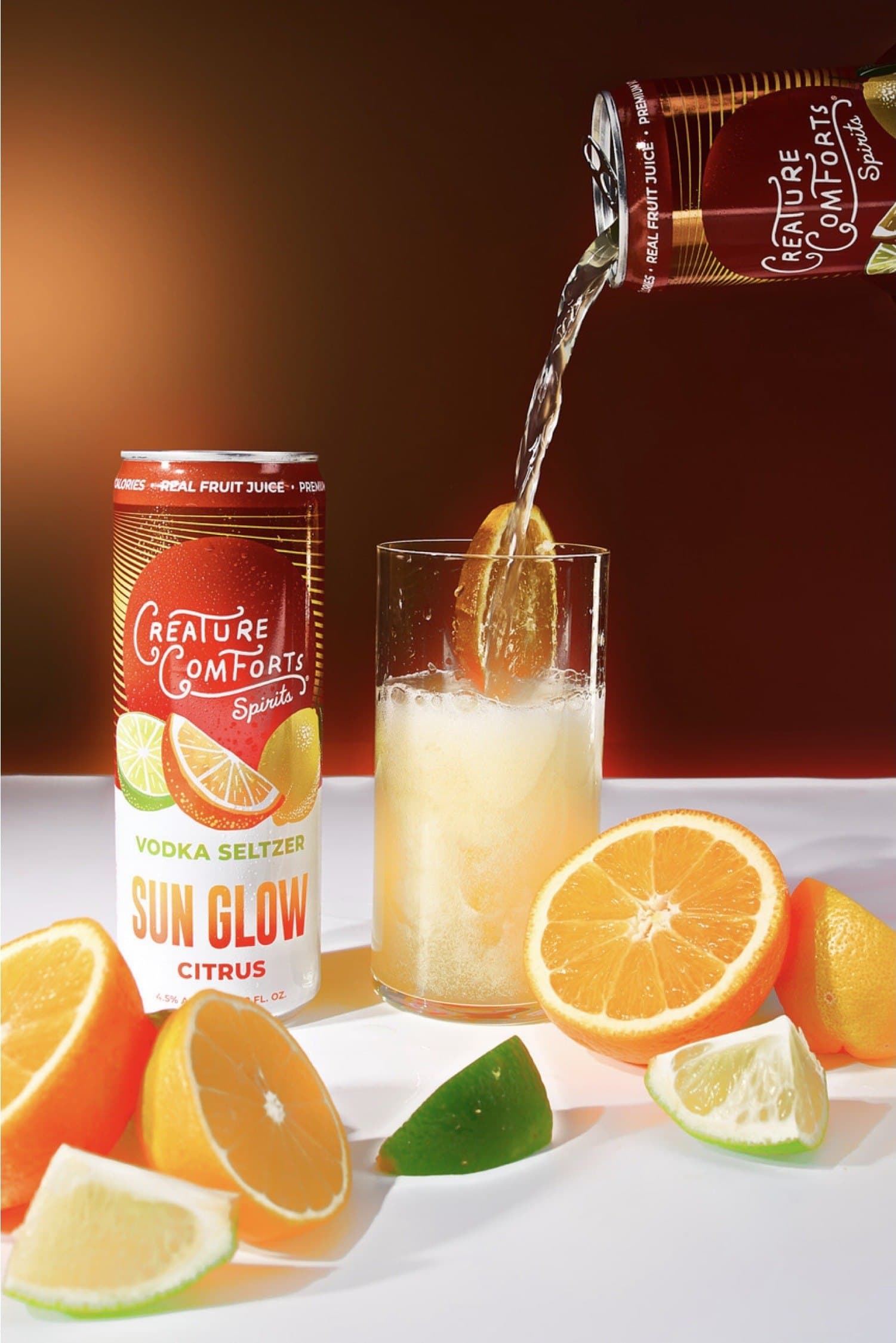Sun Glow Citrus poured over ice with oranges and limes