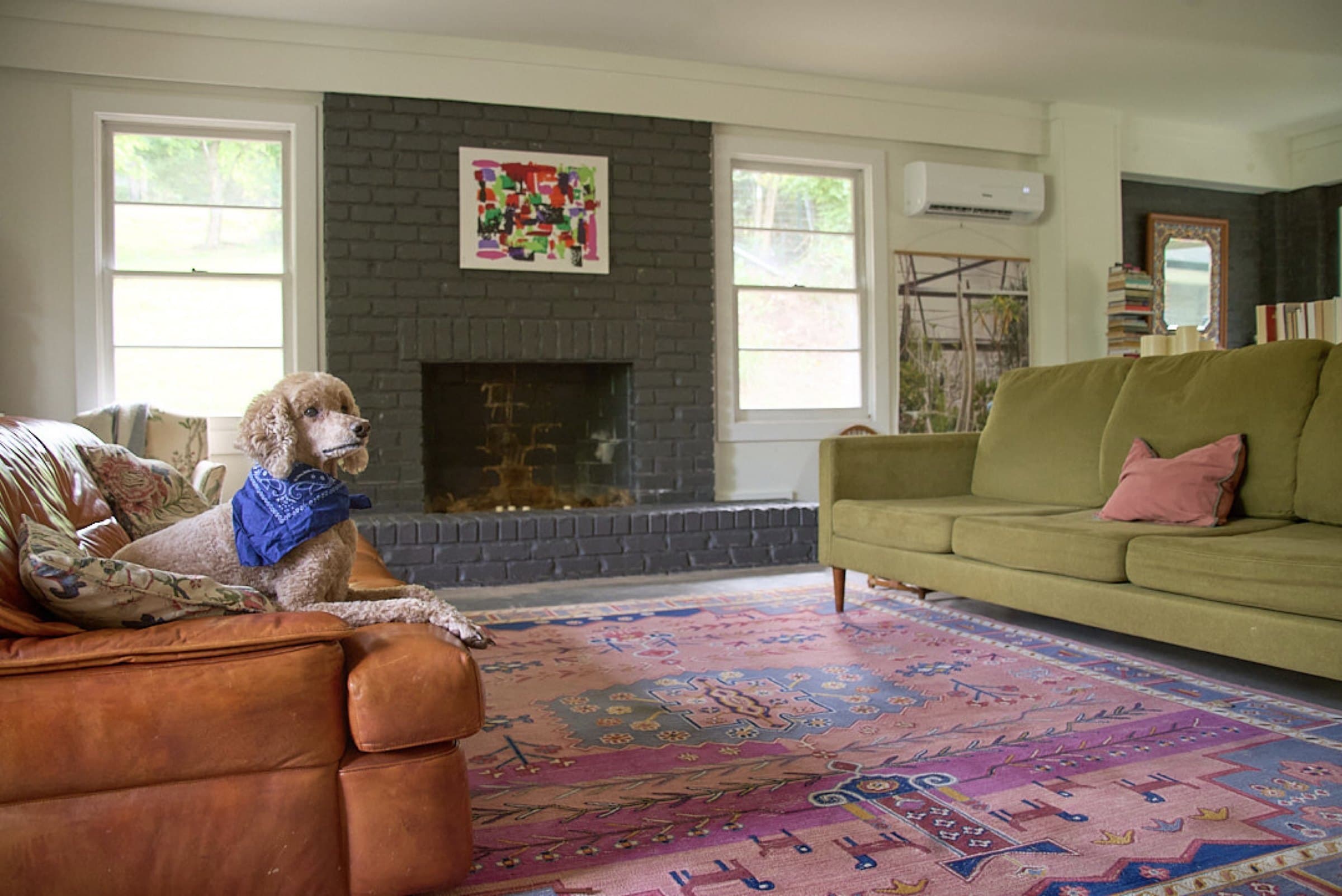 A living room with a green sofa and a dog