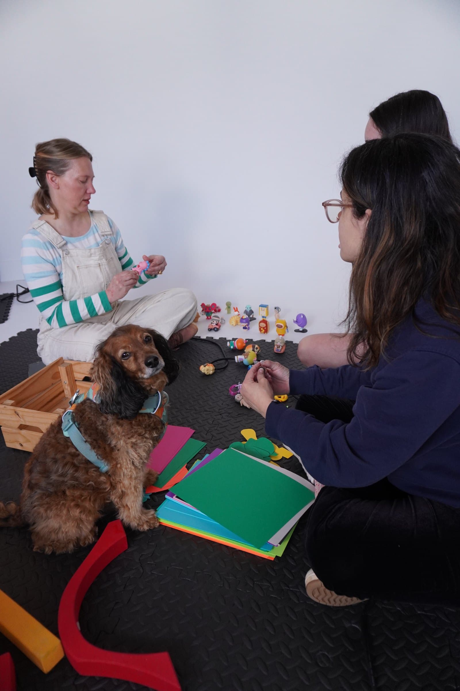 The shop owner, a dog, and the crew on the studio floor